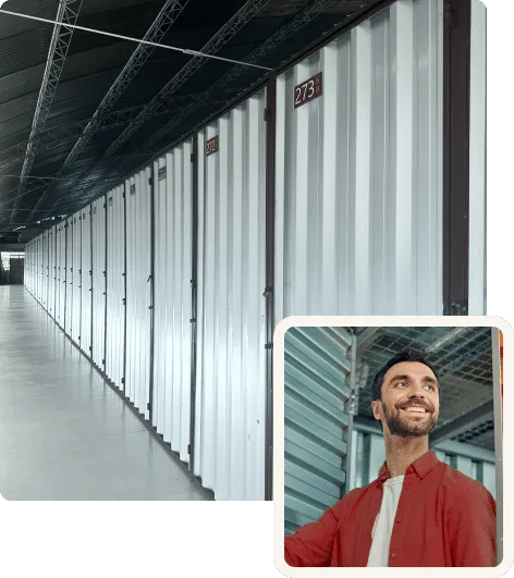 Corredor de boxes e cliente satisfeito no self storage Instock em São José dos Campos
